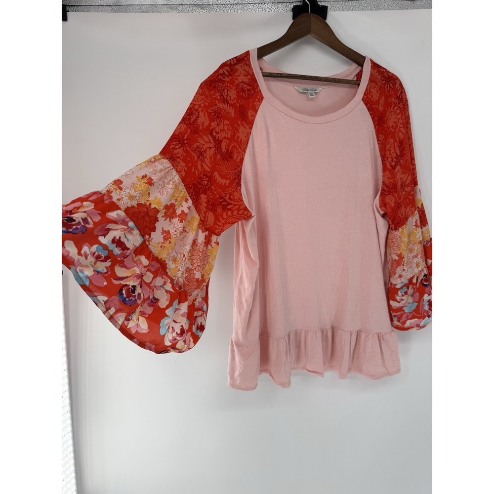 Pioneer Woman Patchwork Pink Print Tiered Bell Sleeve Boho Festival 3X Ruffle - Picture 4 of 9